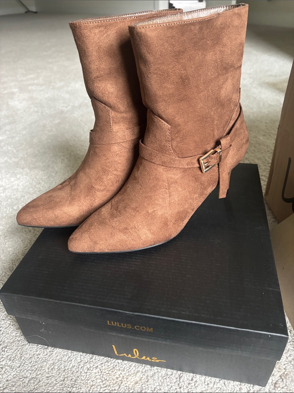 Lulu's Cognac Suede Pointed-Toe Mid-Calf Boots with Buckle